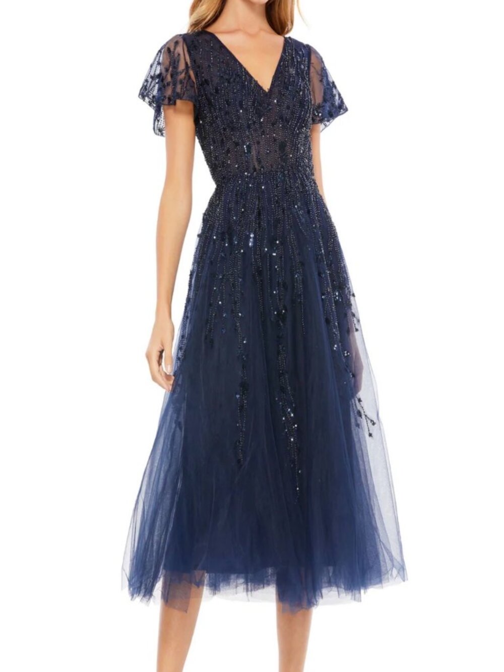 Mac Duggal Navy Beaded Tulle Midi Dress with V-Neck